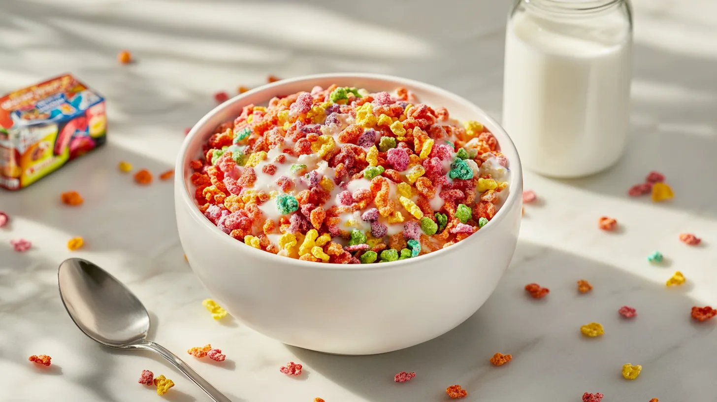 Homemade Fruity Pebbles treats stacked on a plate, bursting with color.