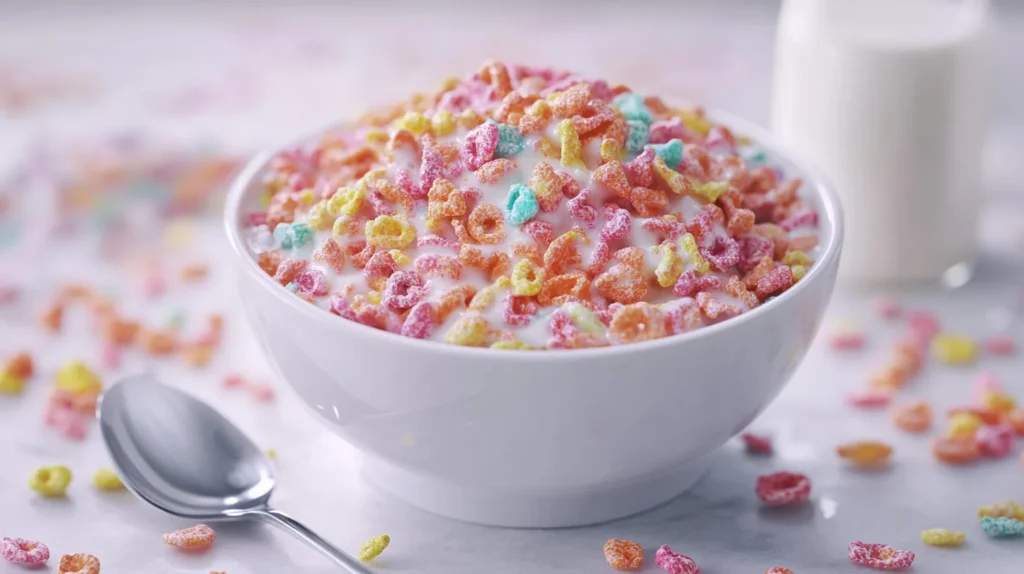 Bright and crunchy Fruity Pebbles cereal, perfect for breakfast or snacks.