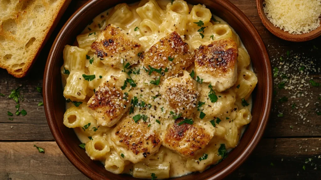 A skillet of garlic parmesan chicken pasta with a creamy sauce and grated cheese.