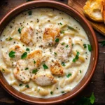 A close-up of creamy garlic parmesan chicken pasta with tender chicken and golden parmesan cheese.