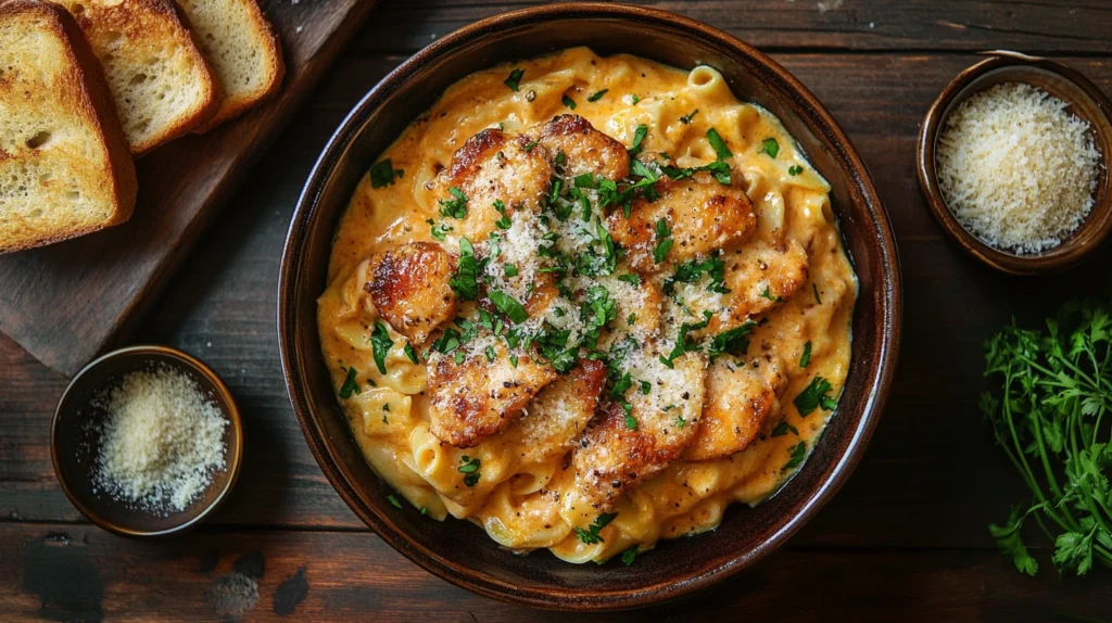 Creamy garlic parmesan chicken pasta topped with fresh parsley in a white bowl.