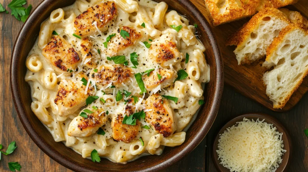 Garlic parmesan chicken pasta served with creamy sauce and a sprinkle of fresh parsley.