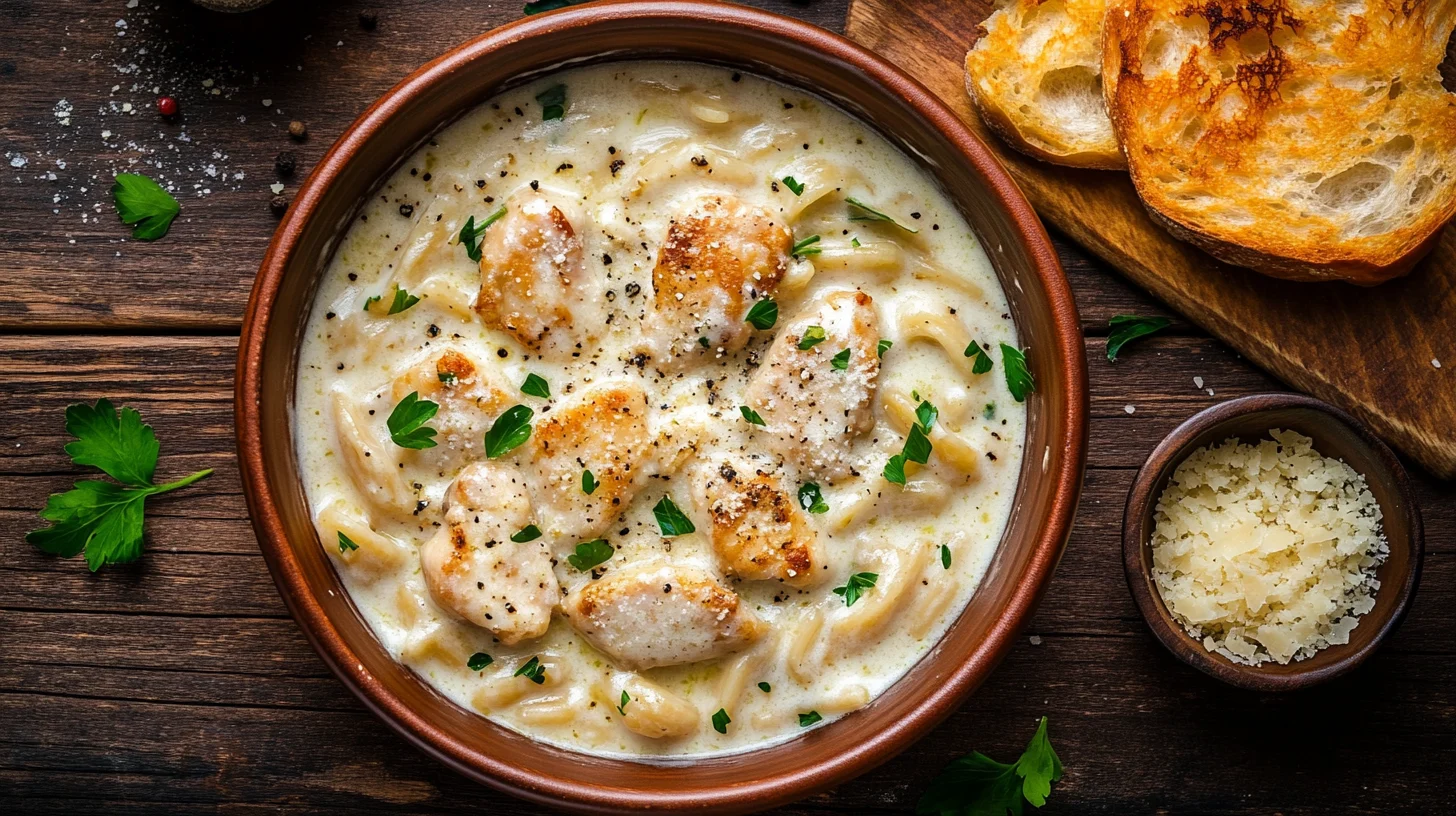 A close-up of creamy garlic parmesan chicken pasta with tender chicken and golden parmesan cheese.