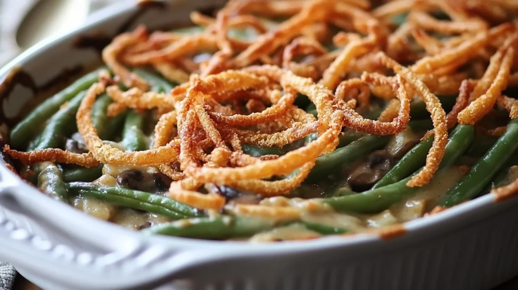 A hearty serving of Grandma's green bean casserole, ready to serve for dinner.