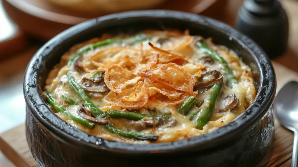 A comforting dish of Grandma's green bean casserole, topped with crispy fried onions.