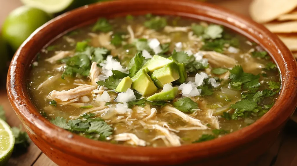 Homemade green chili chicken soup, packed with bold flavors and fresh ingredients.