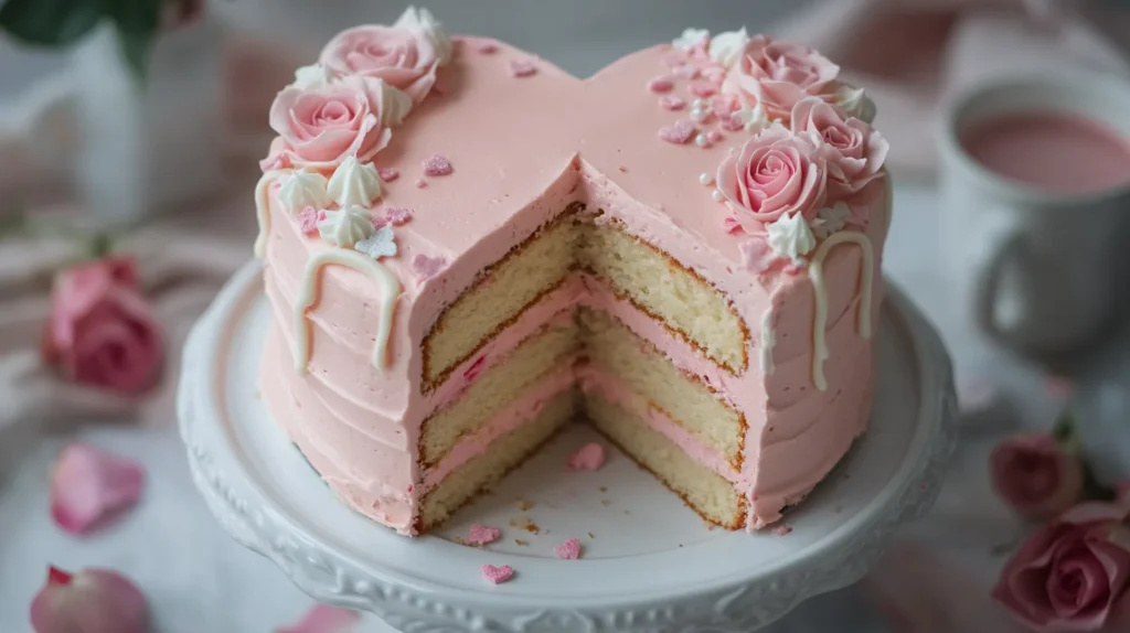 Elegant heart-shaped red velvet cake designed for anniversaries or Valentine’s Day.