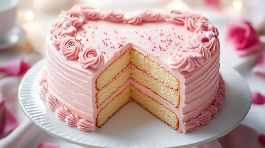 Heart-shaped cake with pink frosting and decorative flowers, perfect for a romantic occasion.