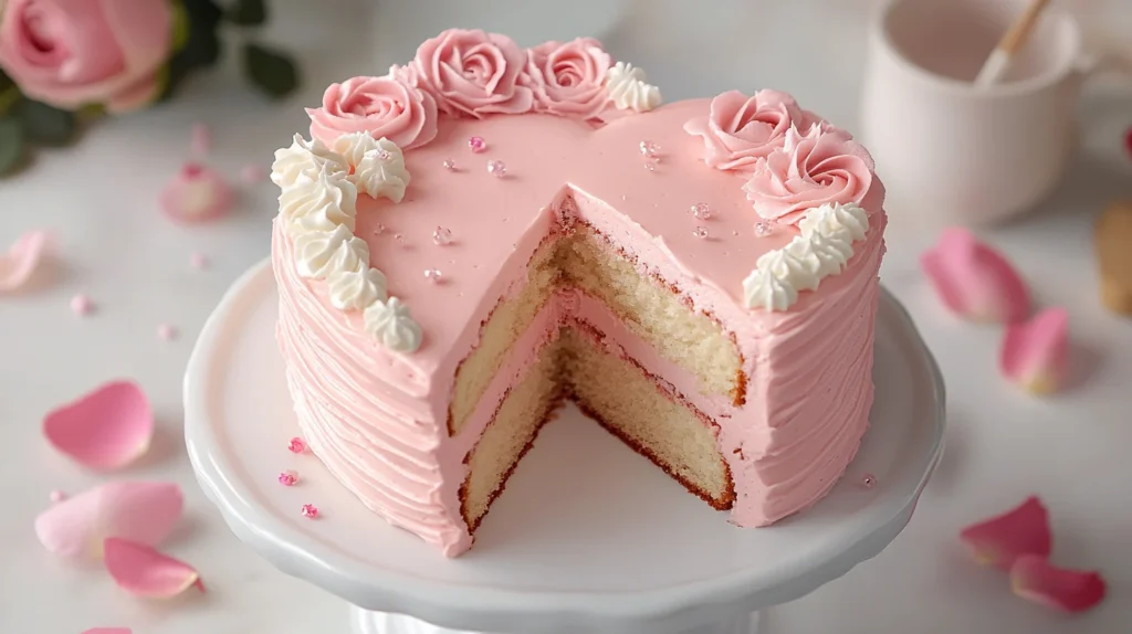 Chocolate heart-shaped cake topped with fresh strawberries and whipped cream.