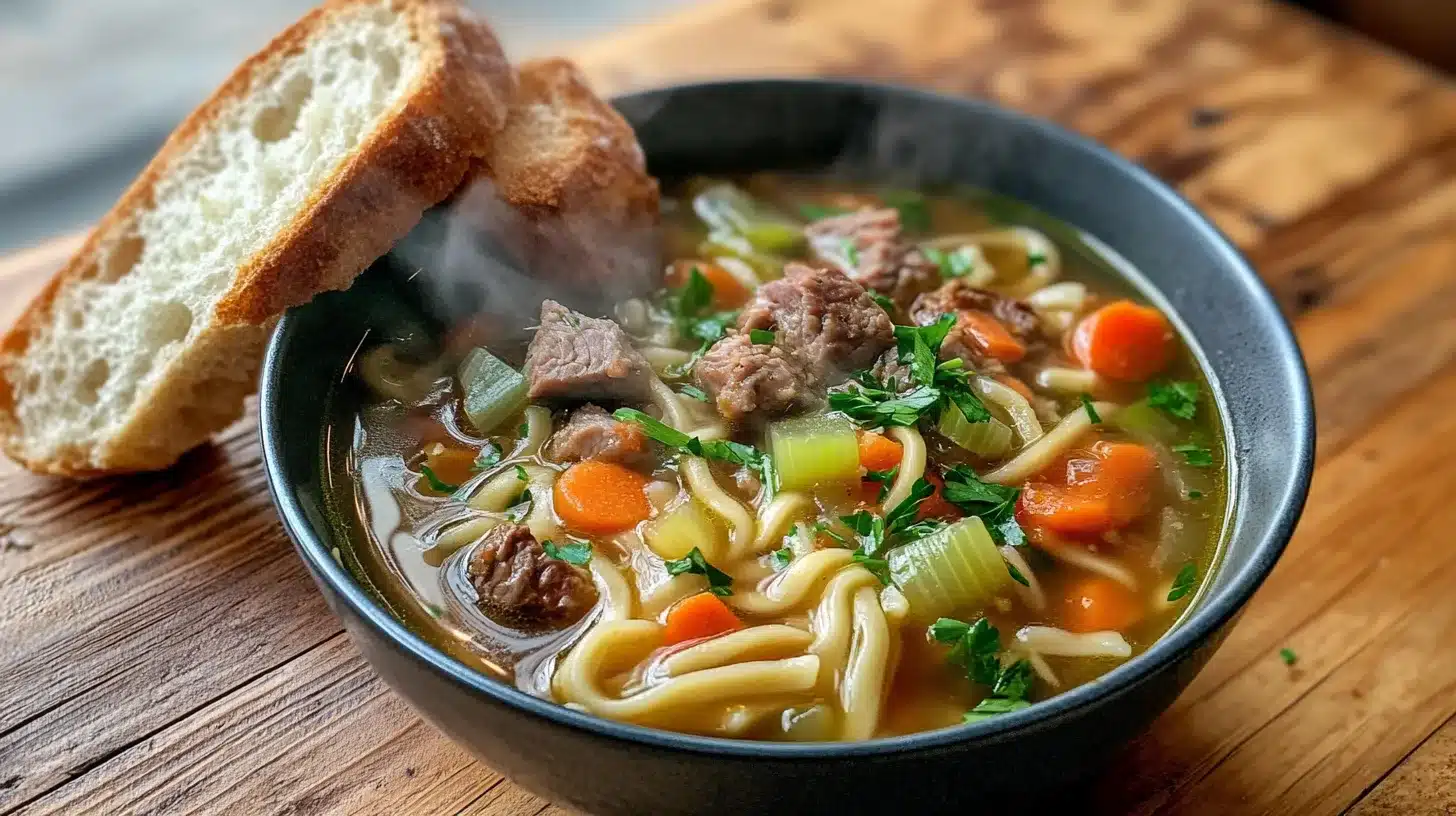 Steaming bowl of House Special Soup with fresh vegetables, tender meat, and aromatic herbs