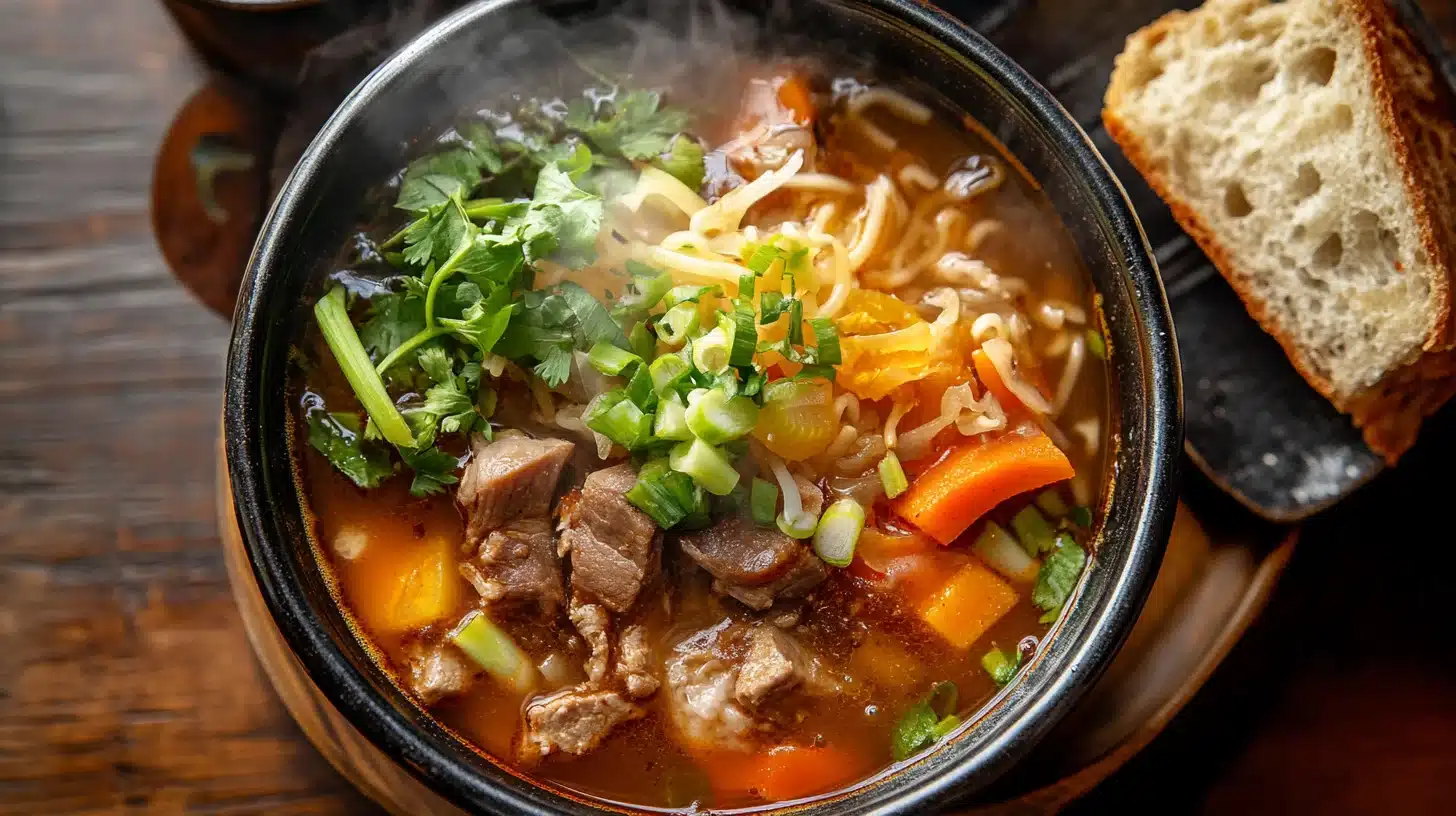 Warm and hearty House Special Soup served in a bowl with fresh herbs and vegetables.