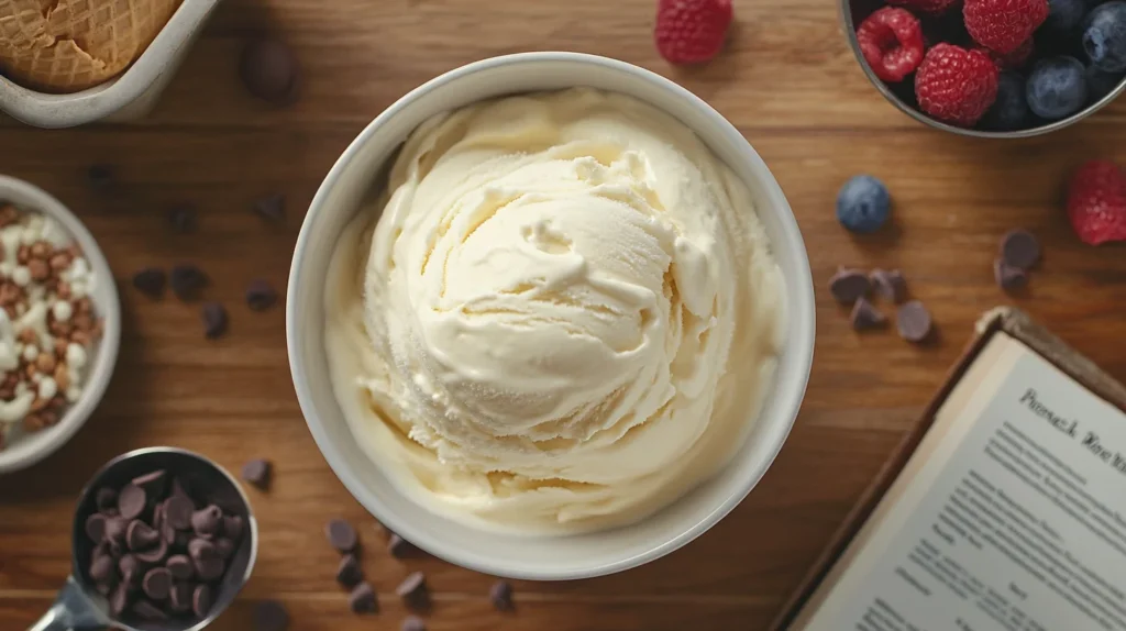 A high-quality stainless steel ice cream scoop lifting a perfect round scoop of vanilla ice cream.