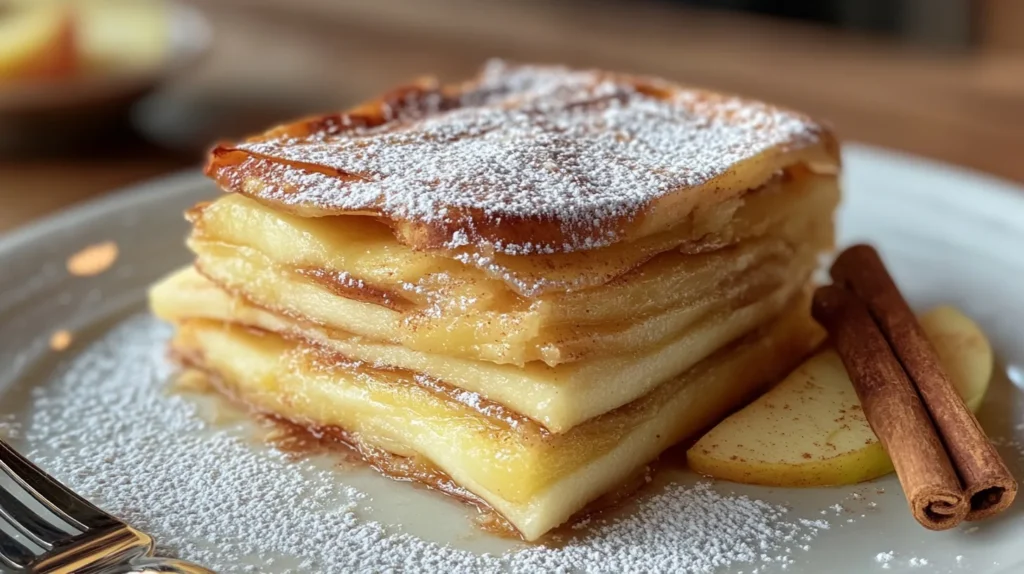 Invisible apple cake served on a white plate, showcasing its delicate, custard-like texture.