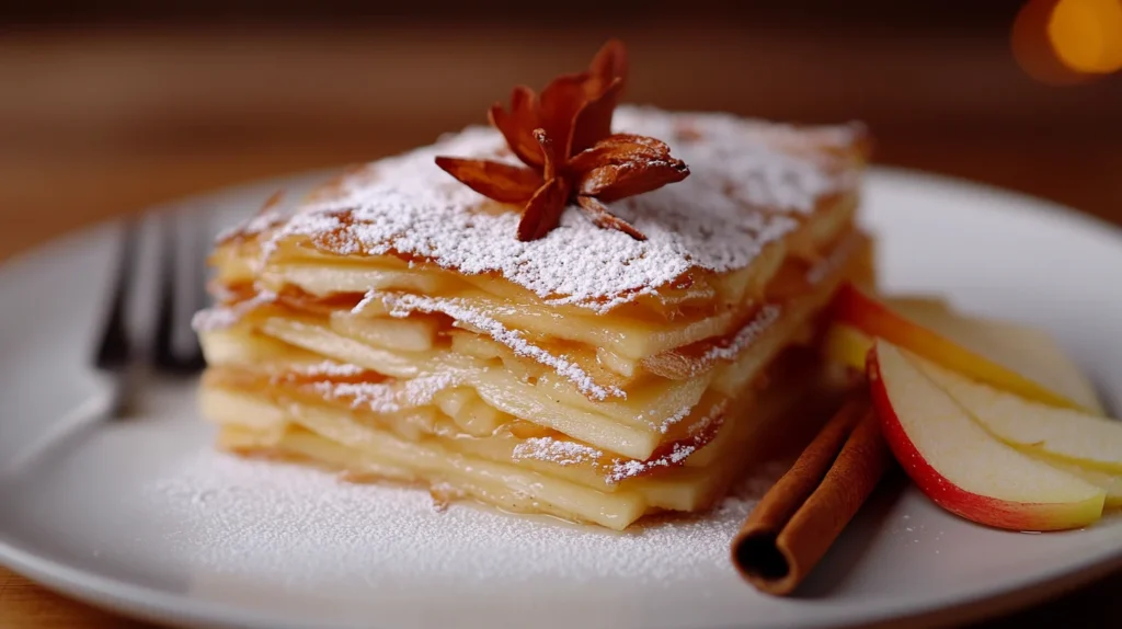 A slice of invisible apple cake, showcasing the thin apple layers peeking through a light golden crust.