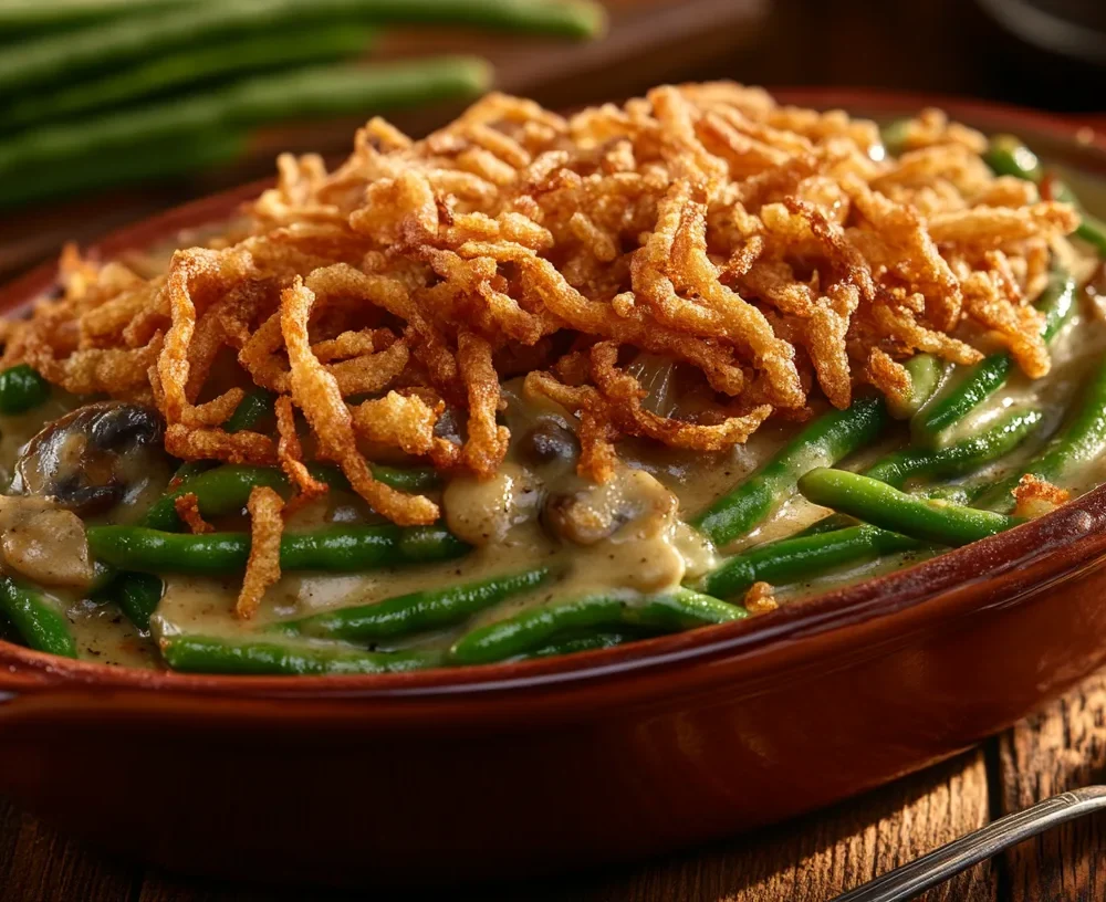 Classic green bean casserole with creamy texture and crispy fried onions on top.