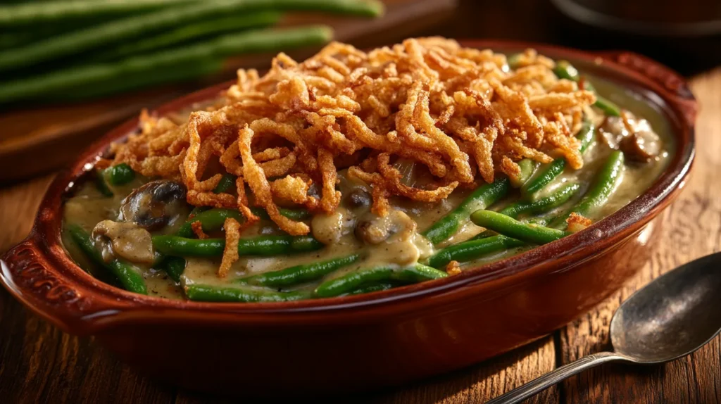 Classic green bean casserole with creamy texture and crispy fried onions on top.