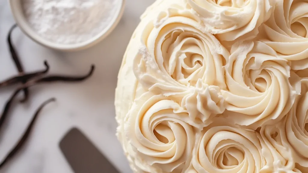 A bowl of smooth, fluffy buttercream frosting made using Julia Child's famous recipe.