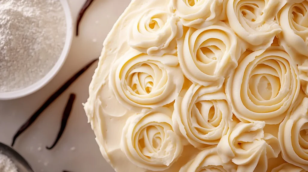 A freshly baked cake topped with a generous layer of Julia Child's creamy buttercream.