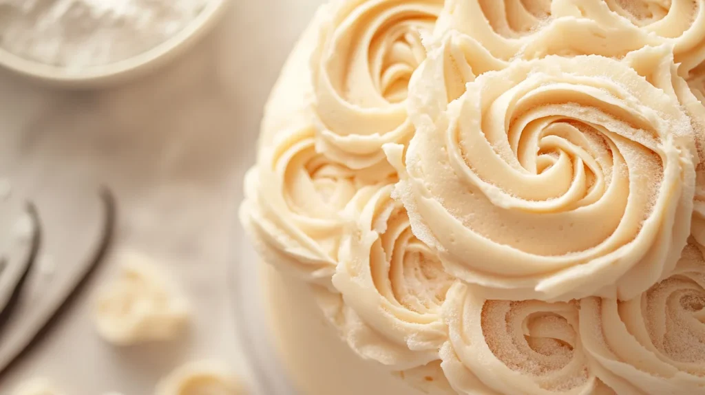 A close-up of a beautifully frosted cake with Julia Child's rich buttercream recipe.