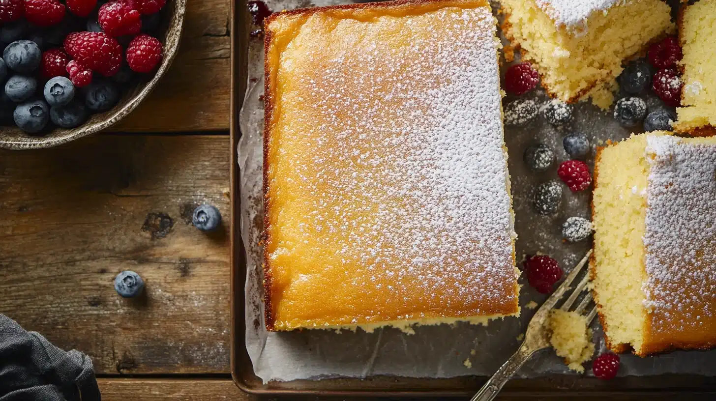 Fluffy and moist Kefir Sheet Cake with a golden brown crust and a light, airy texture.