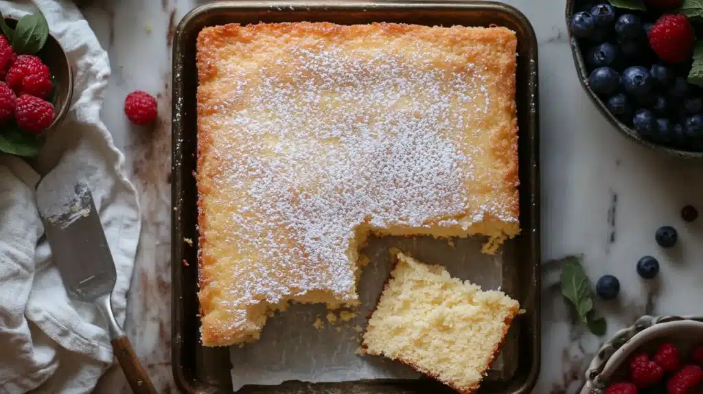 Golden, fluffy Kefir Sheet Cake topped with a light glaze and fresh fruit.