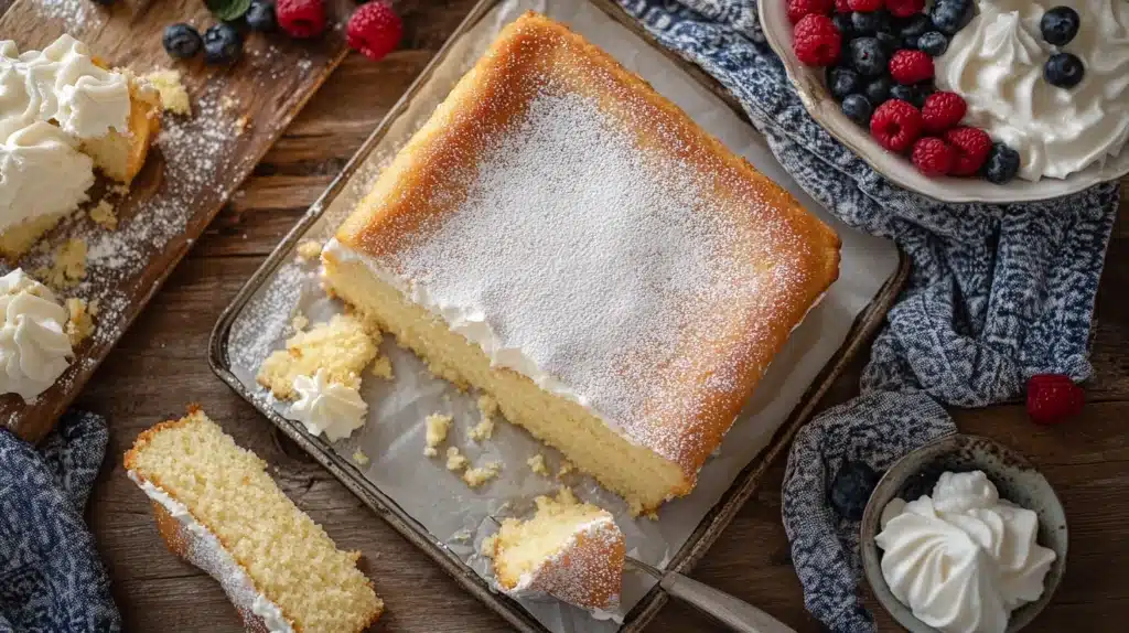 Moist and tangy Kefir Sheet Cake topped with a smooth glaze and fresh berries.