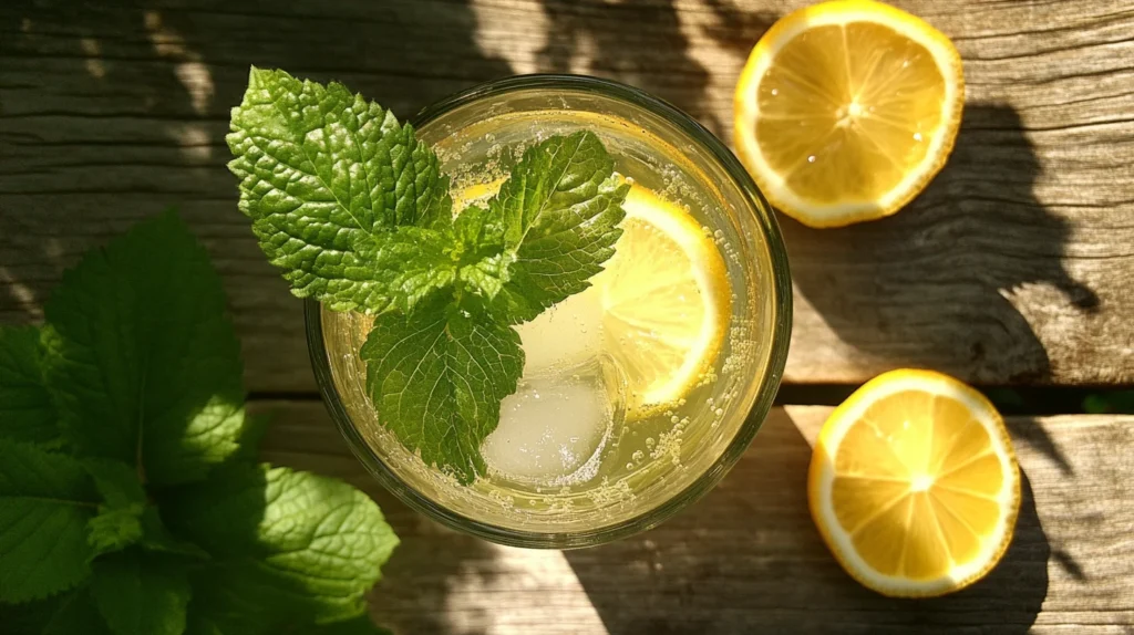 A cool, aromatic Lemon Balm Drink served with ice, perfect for a refreshing summer beverage.