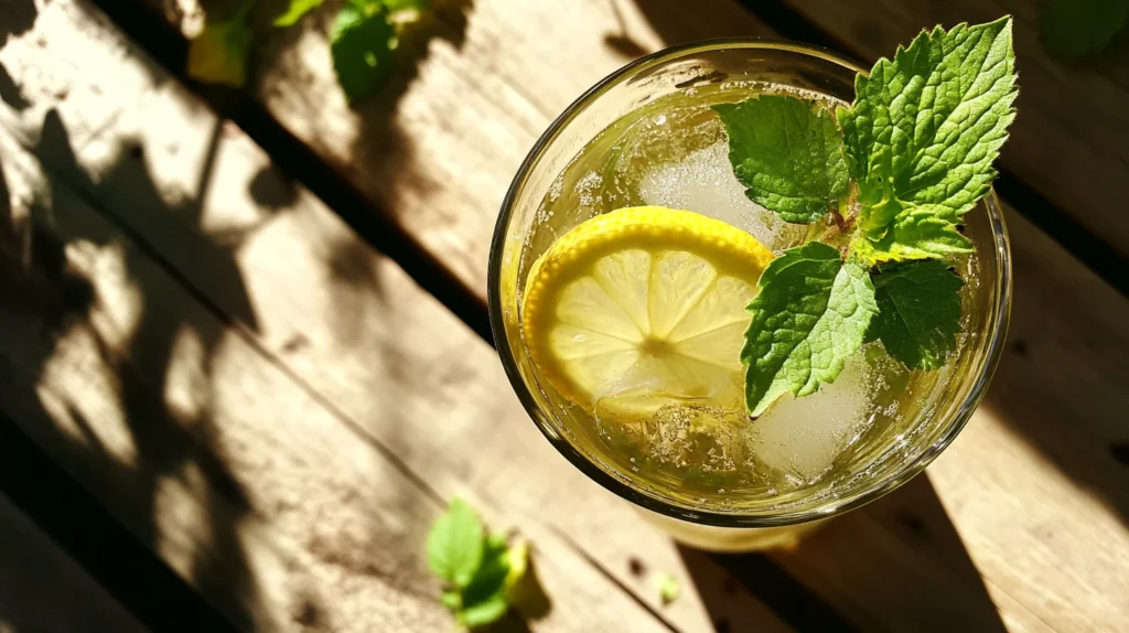 A refreshing glass of Lemon Balm Drink, garnished with fresh lemon balm leaves and a slice of lemon.