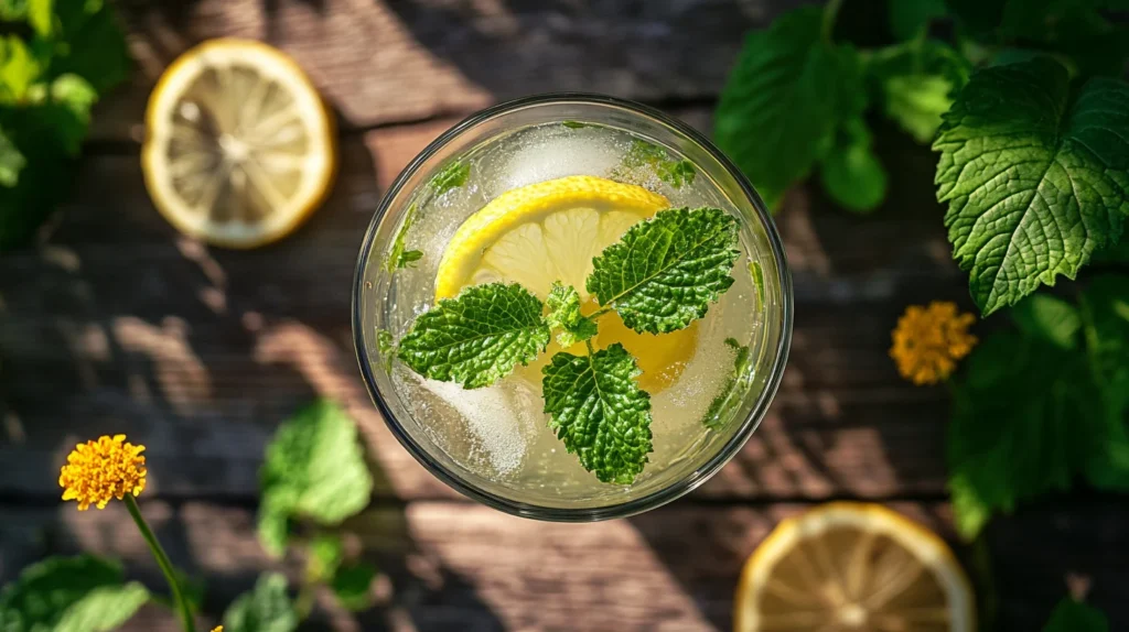 A chilled glass of Lemon Balm Drink with fresh lemon balm leaves and a lemon slice on top.