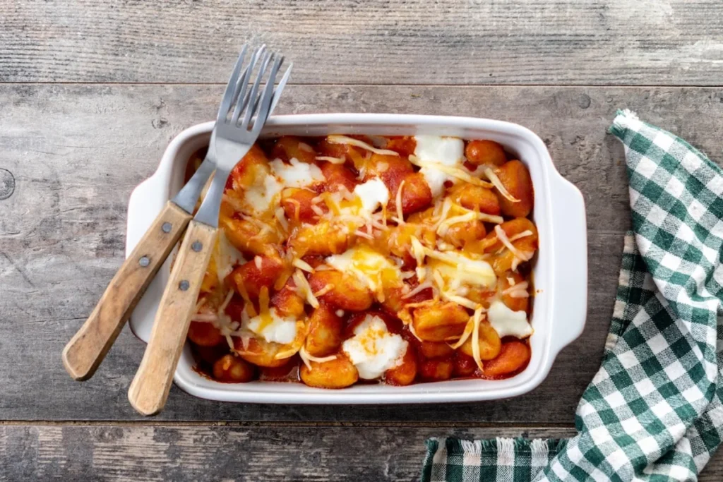 Hearty loaded tater tot casserole topped with cheese and green onions.