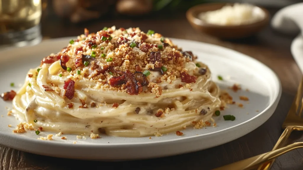 Macaroni Royal baked with creamy cheese sauce, herbs, and crispy breadcrumbs."