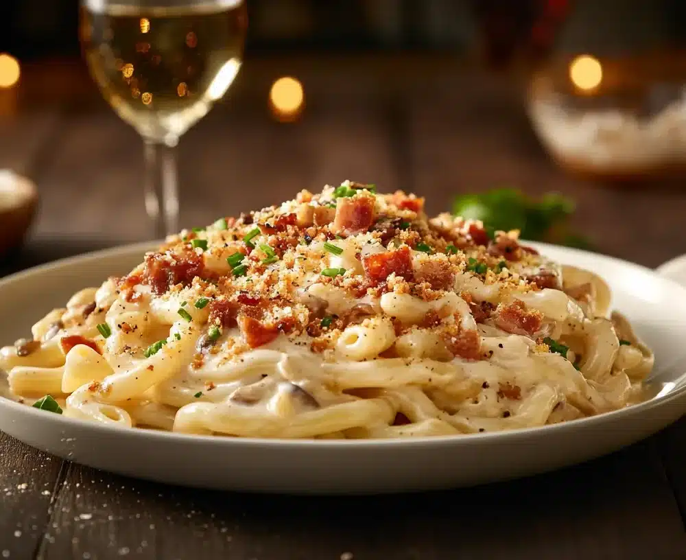 Golden, cheesy Macaroni Royal served in a casserole dish with fresh parsley garnish.