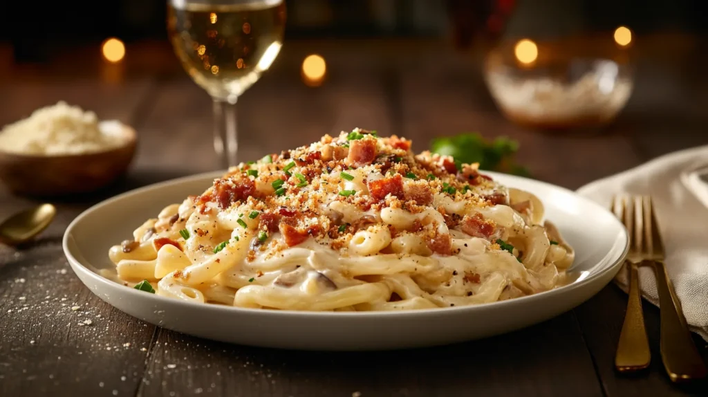 Golden, cheesy Macaroni Royal served in a casserole dish with fresh parsley garnish.