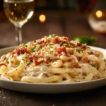 Golden, cheesy Macaroni Royal served in a casserole dish with fresh parsley garnish.