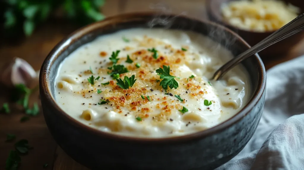 A creamy bowl of white macaroni and cheese with a smooth, velvety sauce.