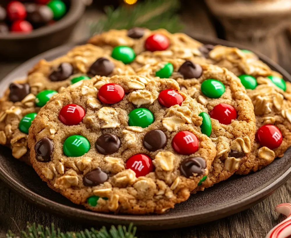 Homemade Christmas monster cookies decorated with festive M&Ms and white chocolate chips.