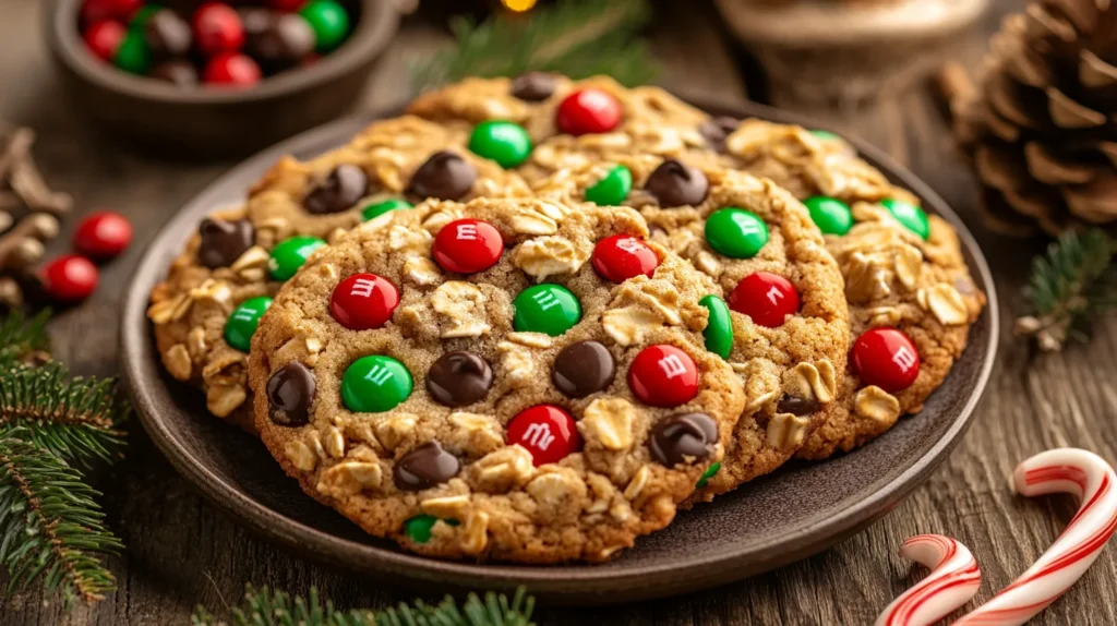 Homemade Christmas monster cookies decorated with festive M&Ms and white chocolate chips.