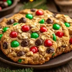 Homemade Christmas monster cookies decorated with festive M&Ms and white chocolate chips.