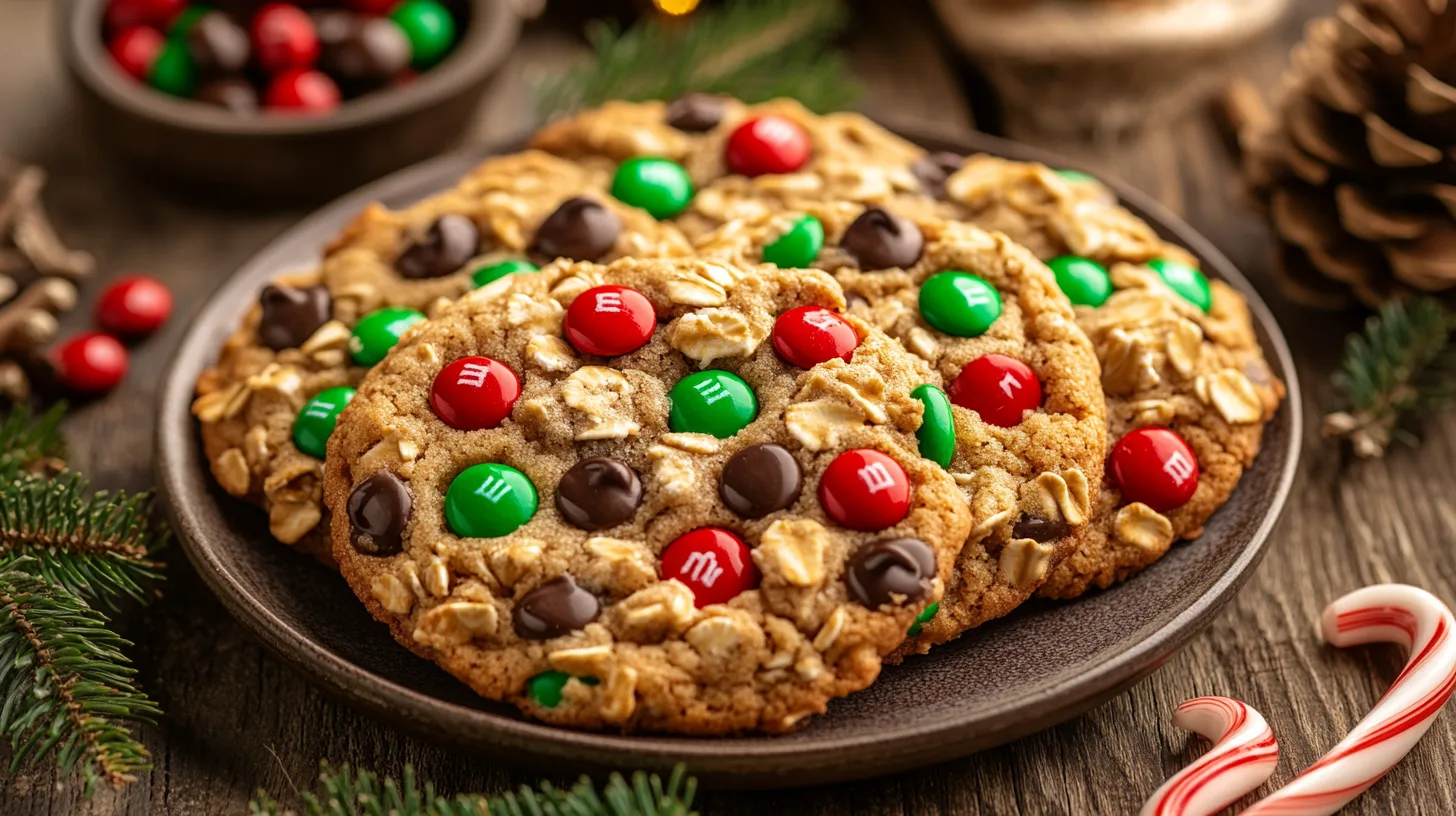 Homemade Christmas monster cookies decorated with festive M&Ms and white chocolate chips.