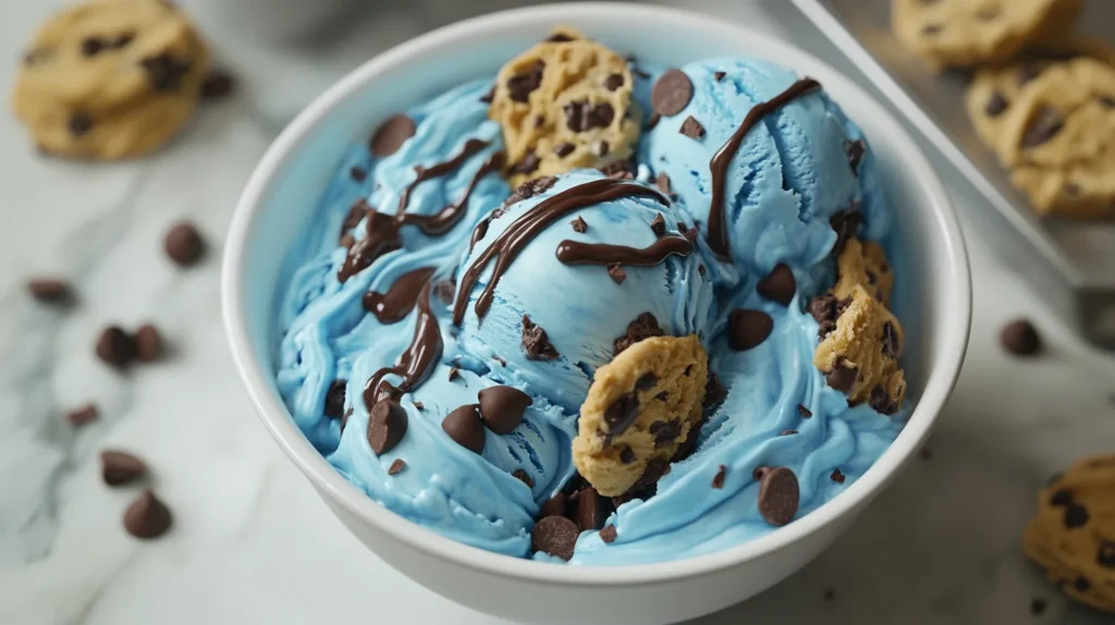 A bowl of creamy, blue Cookie Monster ice cream with cookie chunks and swirls.