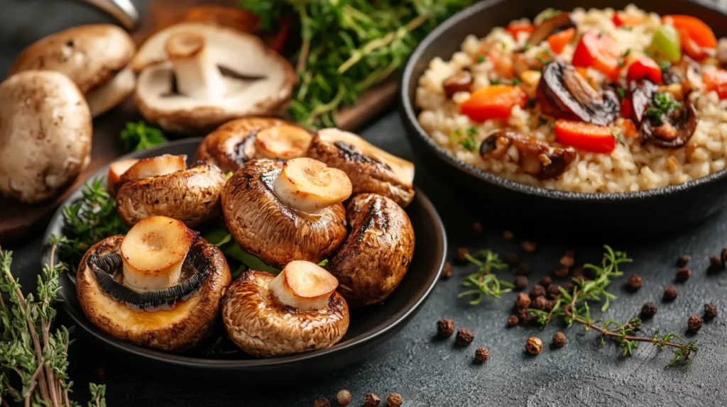 Trumpet mushrooms on a plate, showcasing their elegant, trumpet-like shape.