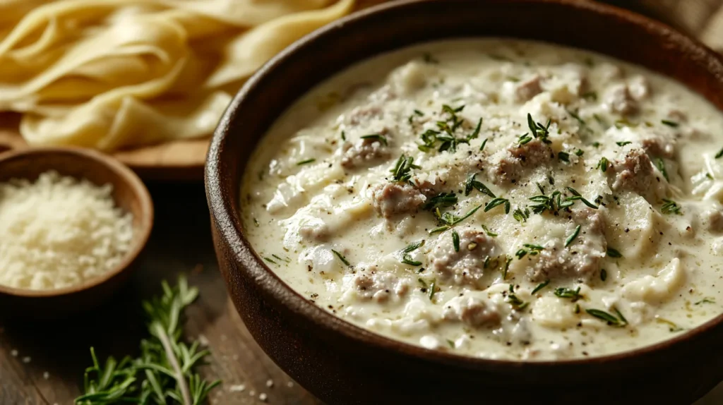 A close-up of Norcina sauce on a plate of pasta, showcasing its creamy texture.