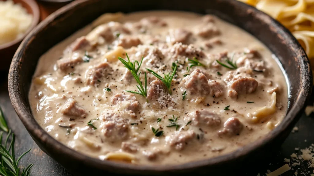 A rich and creamy Norcina sauce poured over pasta, garnished with fresh herbs.