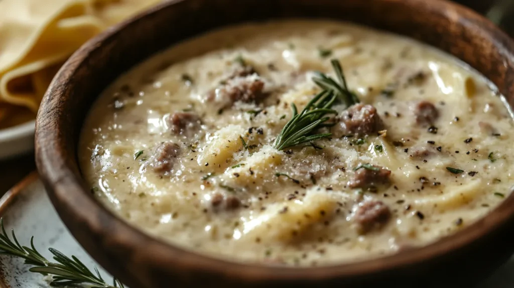 Norcina sauce in a skillet, with sausage and cream, ready to be served.