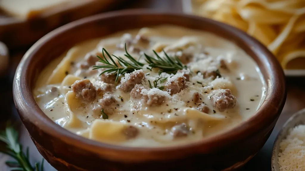 A bowl of homemade Norcina sauce with ground sausage, perfect for pasta dishes.