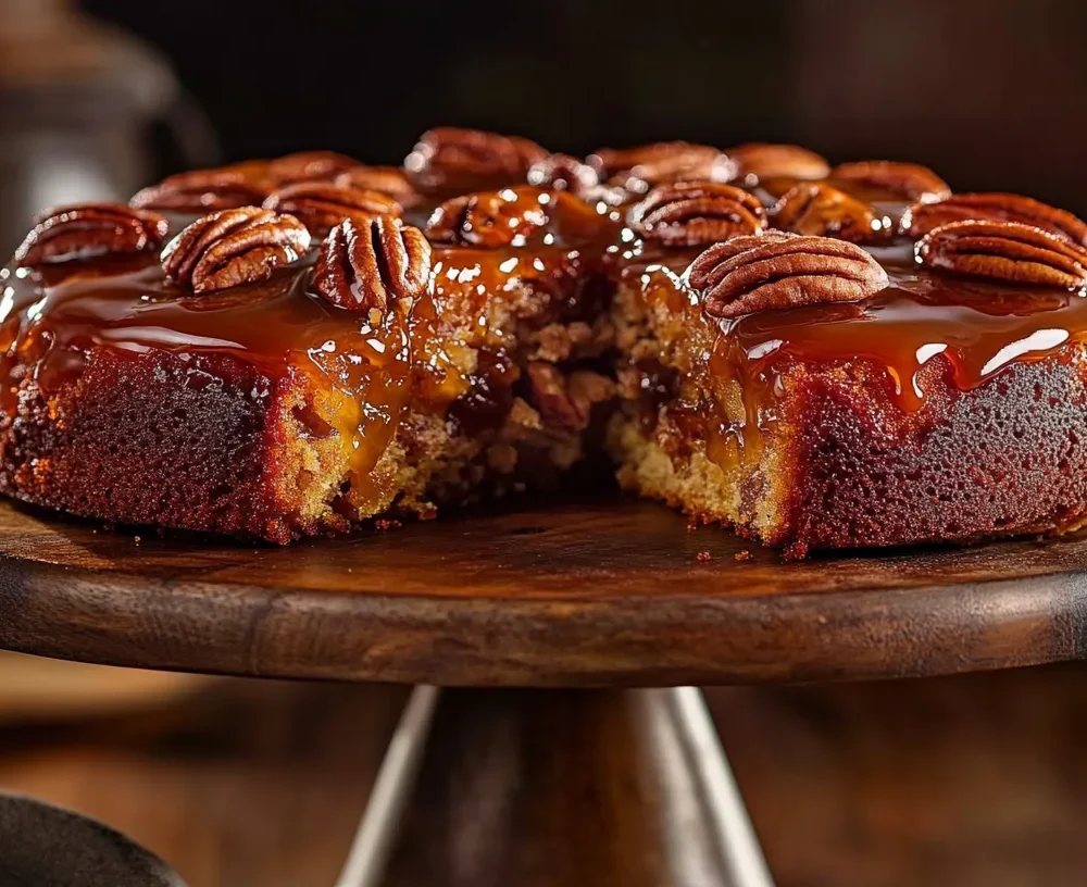 A beautiful pecan upside-down cake, with rich, golden caramel and crunchy pecans on top.