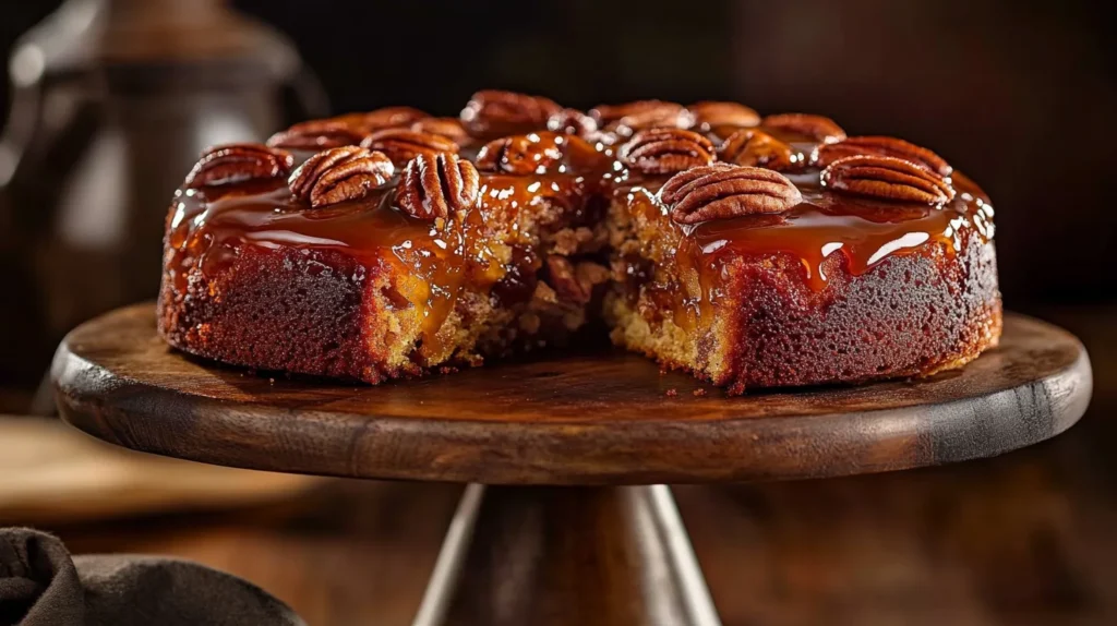 A beautiful pecan upside-down cake, with rich, golden caramel and crunchy pecans on top.