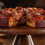 A beautiful pecan upside-down cake, with rich, golden caramel and crunchy pecans on top.