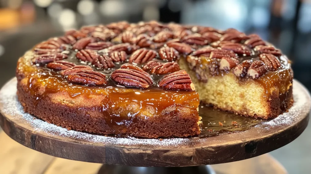 Close-up of a warm, freshly baked pecan upside-down cake with glistening caramelized pecans.