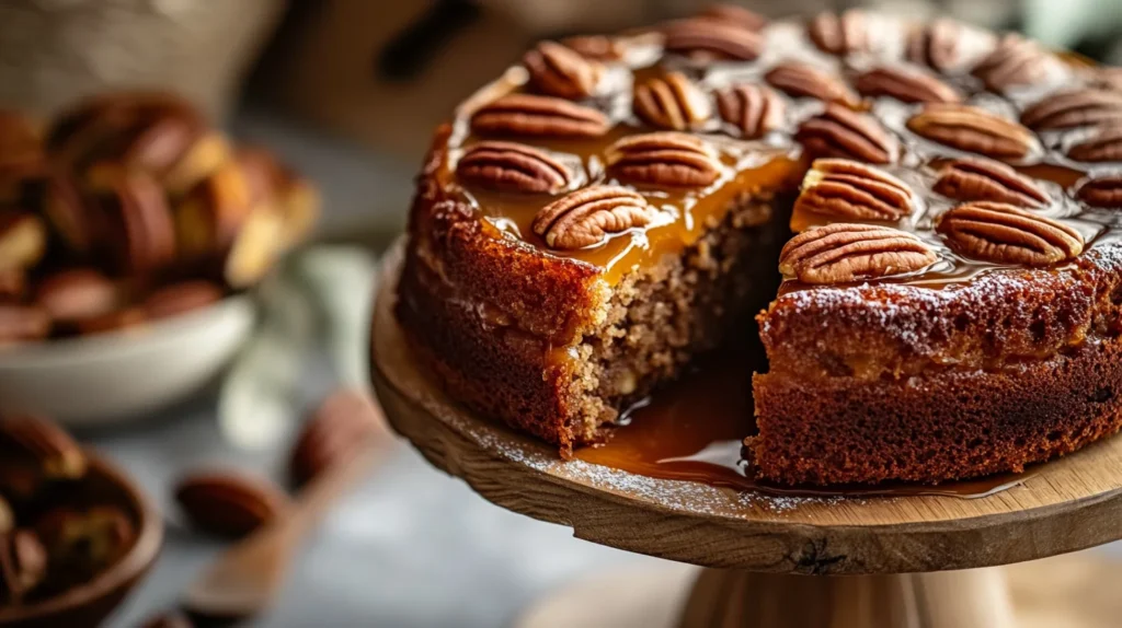 Golden-brown pecan upside-down cake with a caramelized pecan topping.